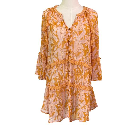Anthropologie Orange Pink Floral Tiered Ruffle Tunic Dress Small Boho Viscose - Picture 2 of 10